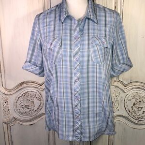 Alpine Design Blue Plaid Cuffed Sleeve Button Down Size Large